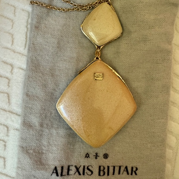 Alexis Bittar Aqua Lucite, Crystal, and Gold Tone two stone Necklace - Picture 4 of 5